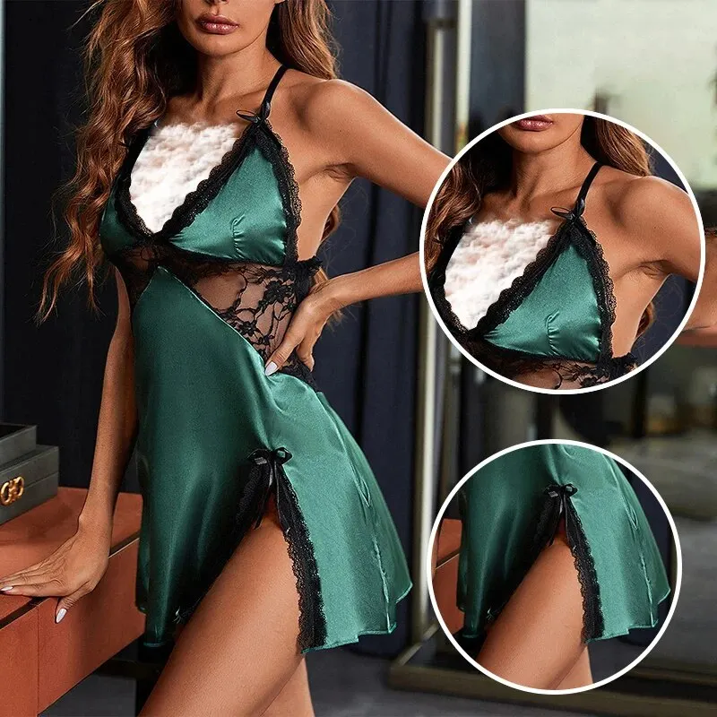 New Fashionable Women\'s Green Satin Dress With Patchwork Lace Suspender Short Skirt Split Lace Women\'s Sexy Dress Pajamas