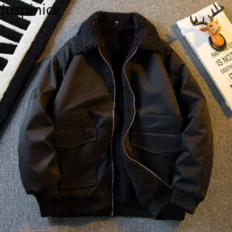 

American Style Velvet Thickened Short Workwear Jacket Men's Loose Casual High Street Personalized Tops Men Overcoat Male Clothes