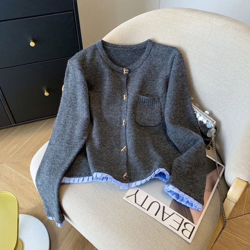 

Autumn Winter Knitted Open Cardigan Women's Faion Small Fraance Sle Knot Button Lace Splicing Thiened Sve