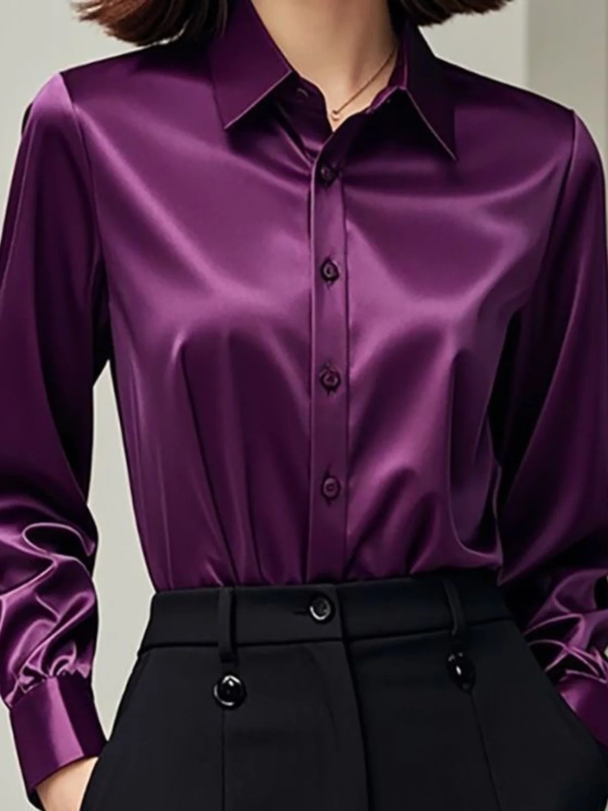 

Ele Purple Silk Long Sve Женская irt Profional Faionable Commuting Personali Повседневная одежда на пуговицах