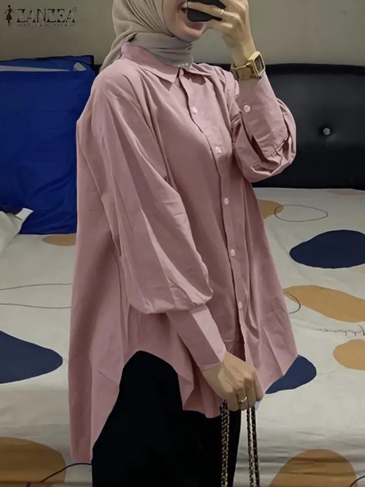 

ZANZEA Women Lapel Neck Long Sleeve Shirt Fashion Autumn Solid Office Blouse Muslim Islamic Clothing Blusa Casual Split Hem Tops