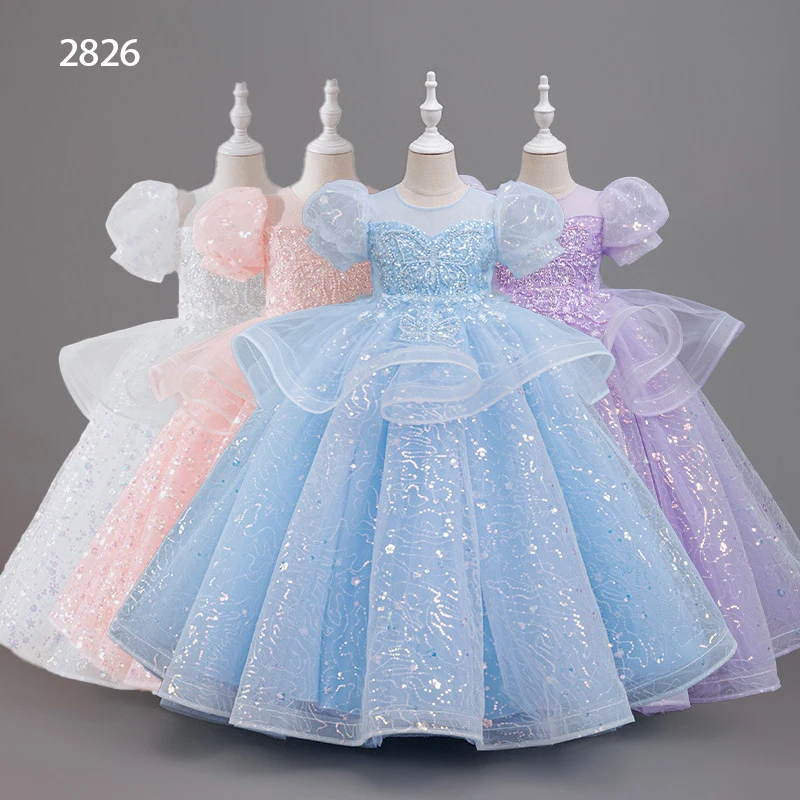 New Luxury Flower Girl Wedding Show Performance Dress for Girls, Puff Sleeve Sequin Princess Dress