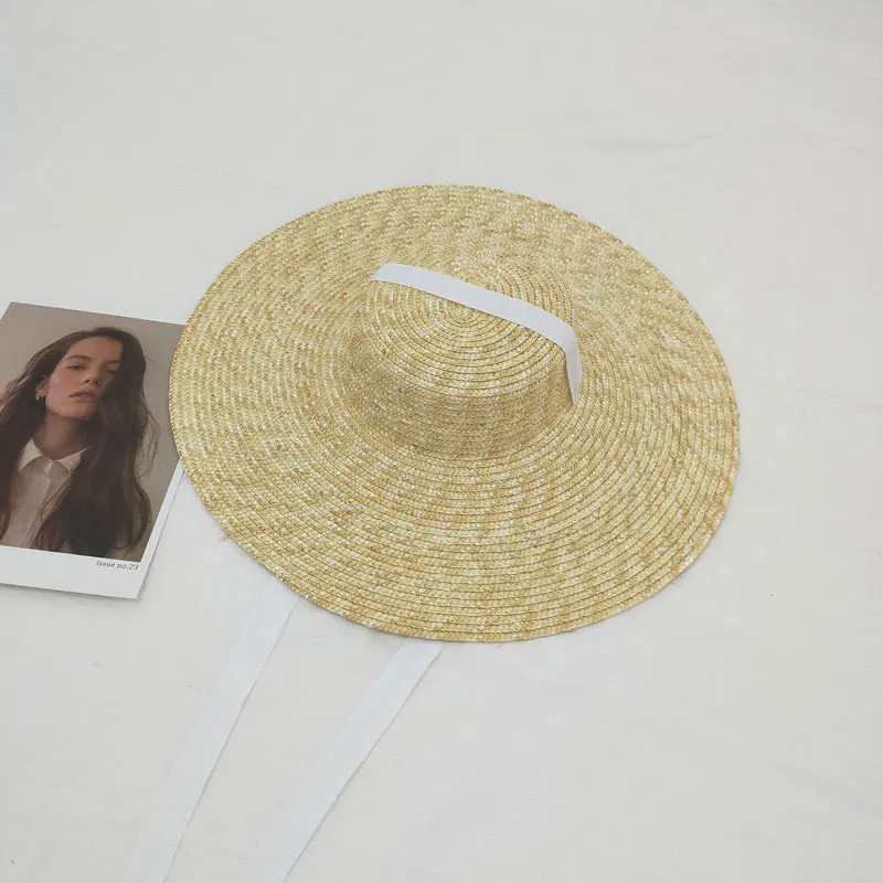 New Summer Straw Flat Top Large Brim Tie Straw Hat Wide Brim Women\'s Hat Vintage Stylish Beach Straw Hat Sombrero Mujer Playa