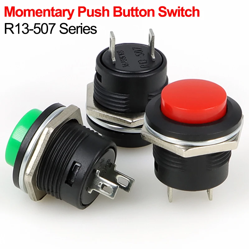 5/10pcs R13-507 Momentary Push Button Switch 16mm Round Self Reset No Lock Pushbutton Switch 3A 250V for Electronic Control