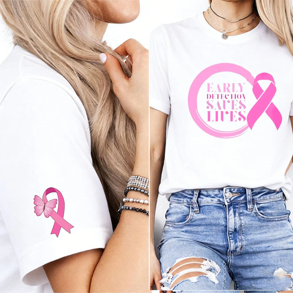 Early Detection Saves Lives Pink Ribbon Women T-Shirt Butterfly Pink Ribbon Cuff Print Breast Cancer Awareness Ladies Casual Tee