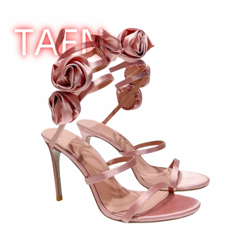 Pink Satin High Heel Sandals, 3D Rose Flower Ankle Strap Stiletto Heel Sandals,Luxury Design Elegant Sandals,Formal Events Shoes