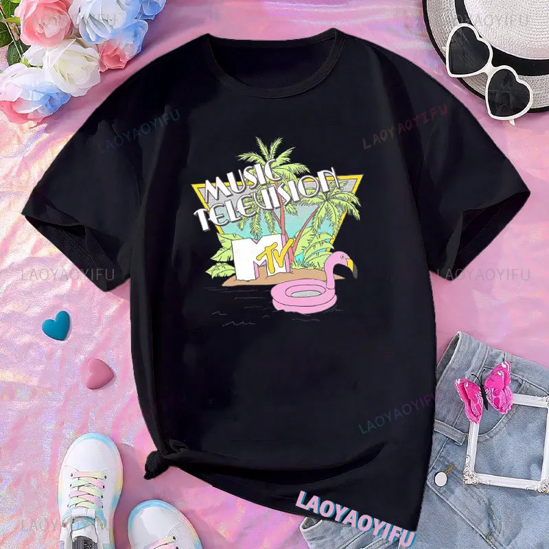 Classic Vintage Logo Graphic Woman T-Shirt Summer Beach Coconut Trees for Men MTV Beach Island 1980 High Quality Cotton Clothing