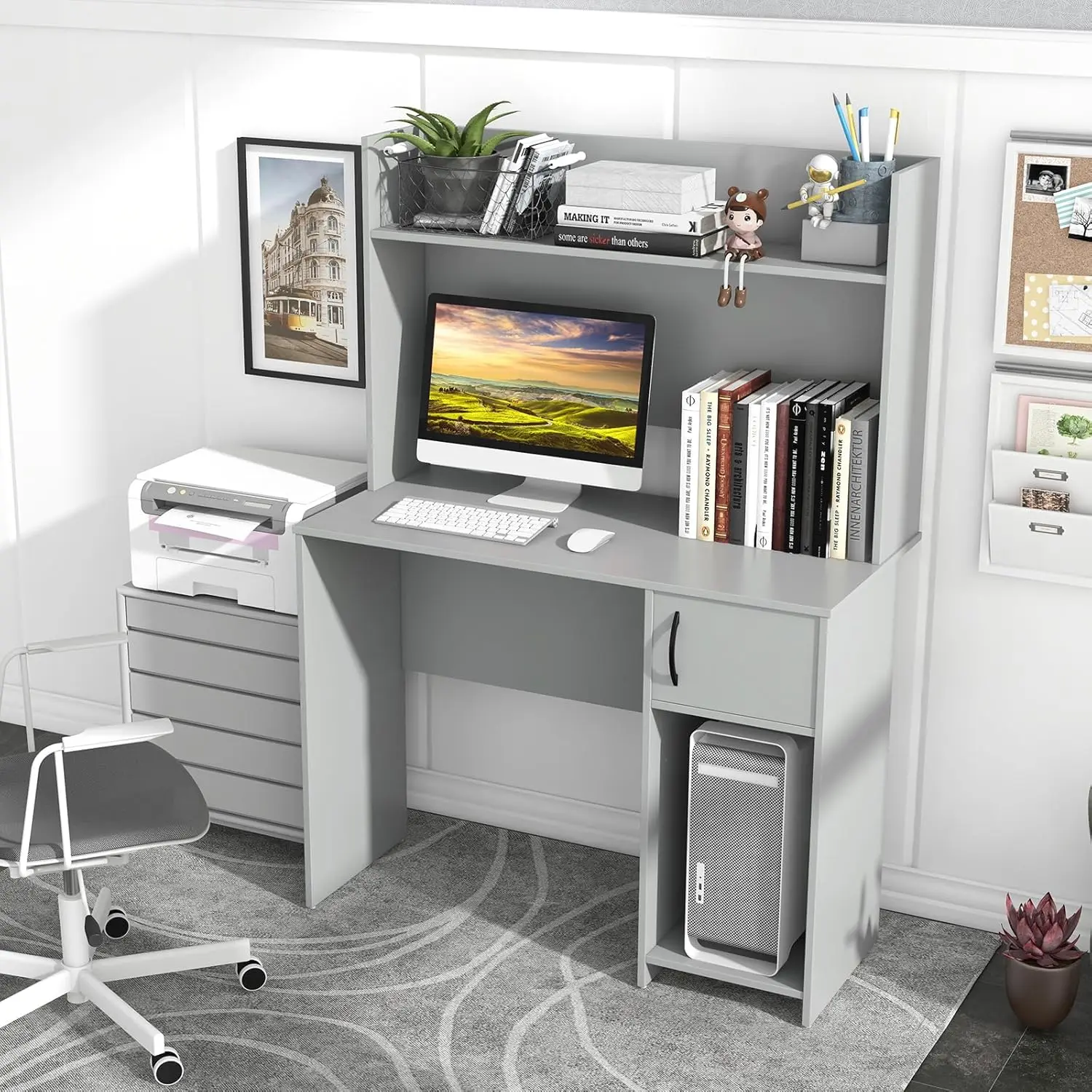 Modern Home Office Desk with Raised Display Shelf and Cabinet for Laptop PC & Study Writing Computer Workstation for Bedroom