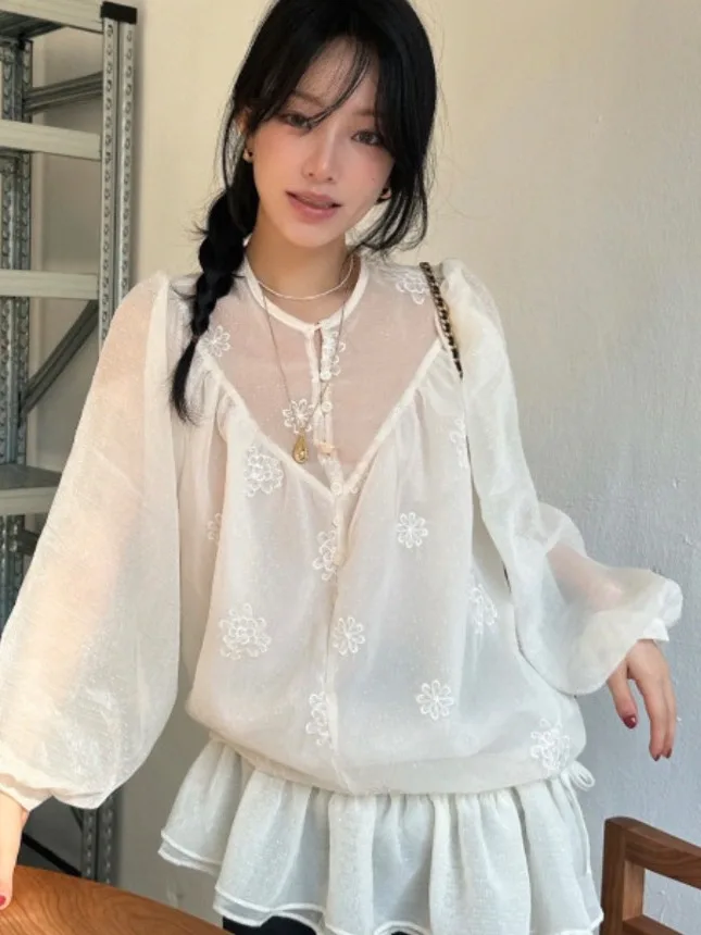 

Chic Spring Gentle Breeze f Open Collar Embroidered Floral Pattern Dstring Blouse Svel Women's Dr Faionable