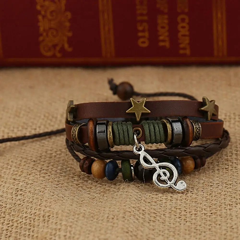 Handmade Boho Gypsy Hippie Design Brown Leather Star Metal Charms Wood Button Beads Wrap Unisex Adjustable Bracelet