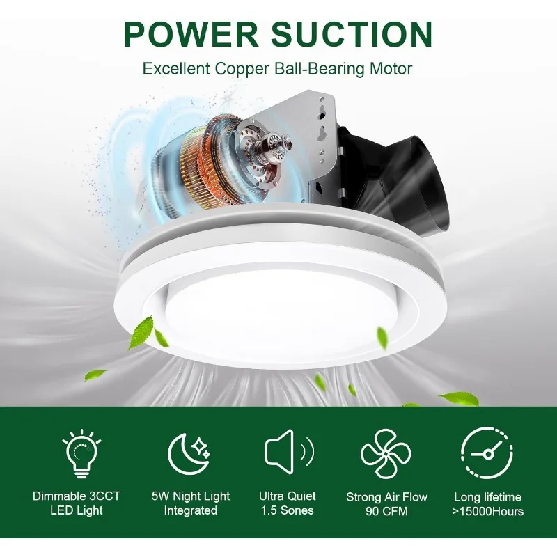 home.Exhaust Fan with Bathroom Light, 90 CFM, 1.5 Sones with 5W Night Light Ventilation fan for Bathroom and Home, Round, Black