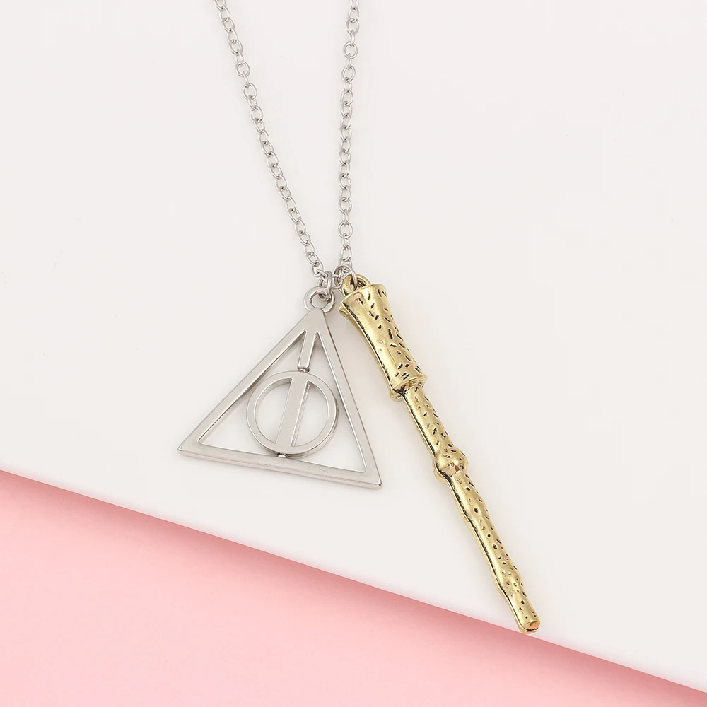 Deathly Hallows Triangle & Magic Wand Necklace - Vintage Creative Movie Character Pendant Accessory for Friends Gift view 5