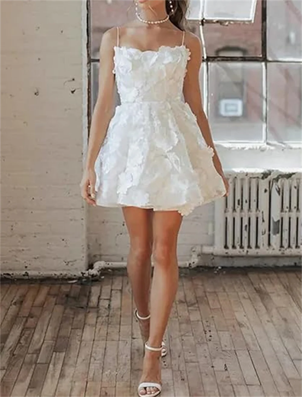 

Short Square Neck 3D Flowers White Wedding Dress Spaghetti Straps Mini Tulle Lace Up Corset Bridal Gowns A Line Homecoming Dress