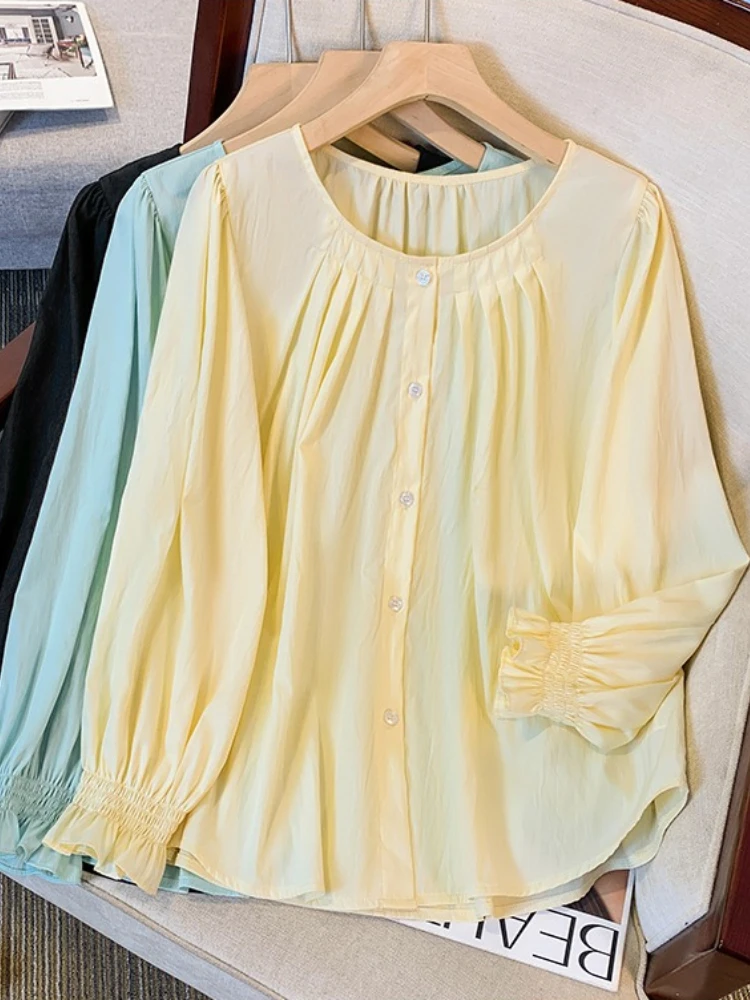 2026 Lantern Long Sleeve Women Shirt Fashion O-Neck Gathered Yoke Blouse Ruffle Cuff Loose Wrinkle‑Textur Casual Ladies Top