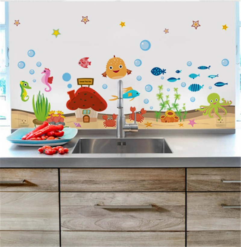 Cartoon Fishes Sealife Wall Stickers Kids Room Bathroom Baseboard Home Decoration Diy Animal Mural Art Pvc Wall Decal