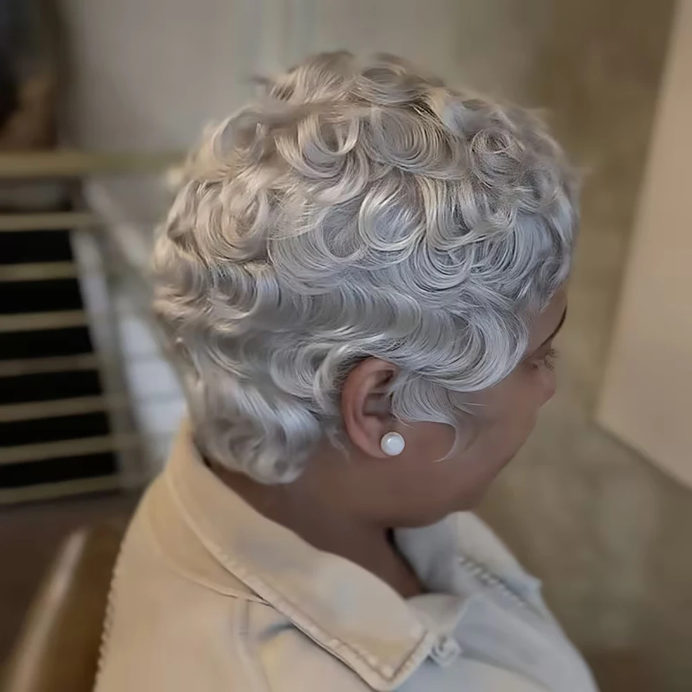 رمادي قصير عابث قطع الباروكات شعر الإنسان البيض مجعد الباروكات مع الانفجارات قبل قطعها للنساء البرازيلي شعر ريمي كامل آلة صنع قبعة