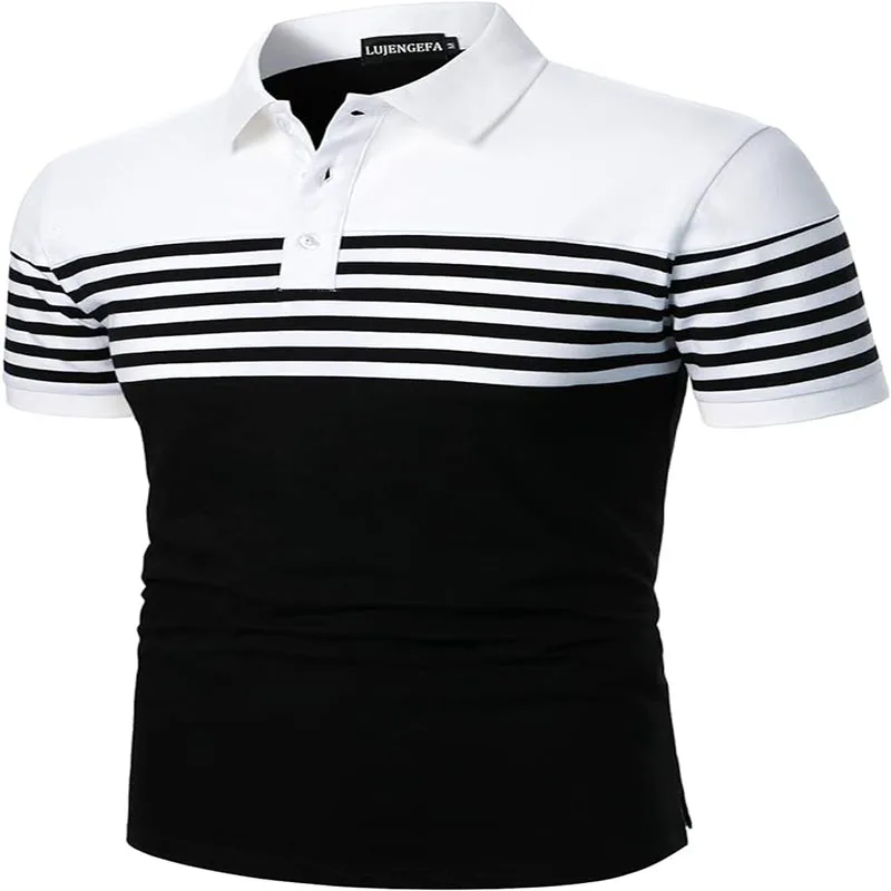 2024 Summer Men\'s Striped Short sleeved POLO Shirt Slim Fit Flip Collar Simple and Fashionable