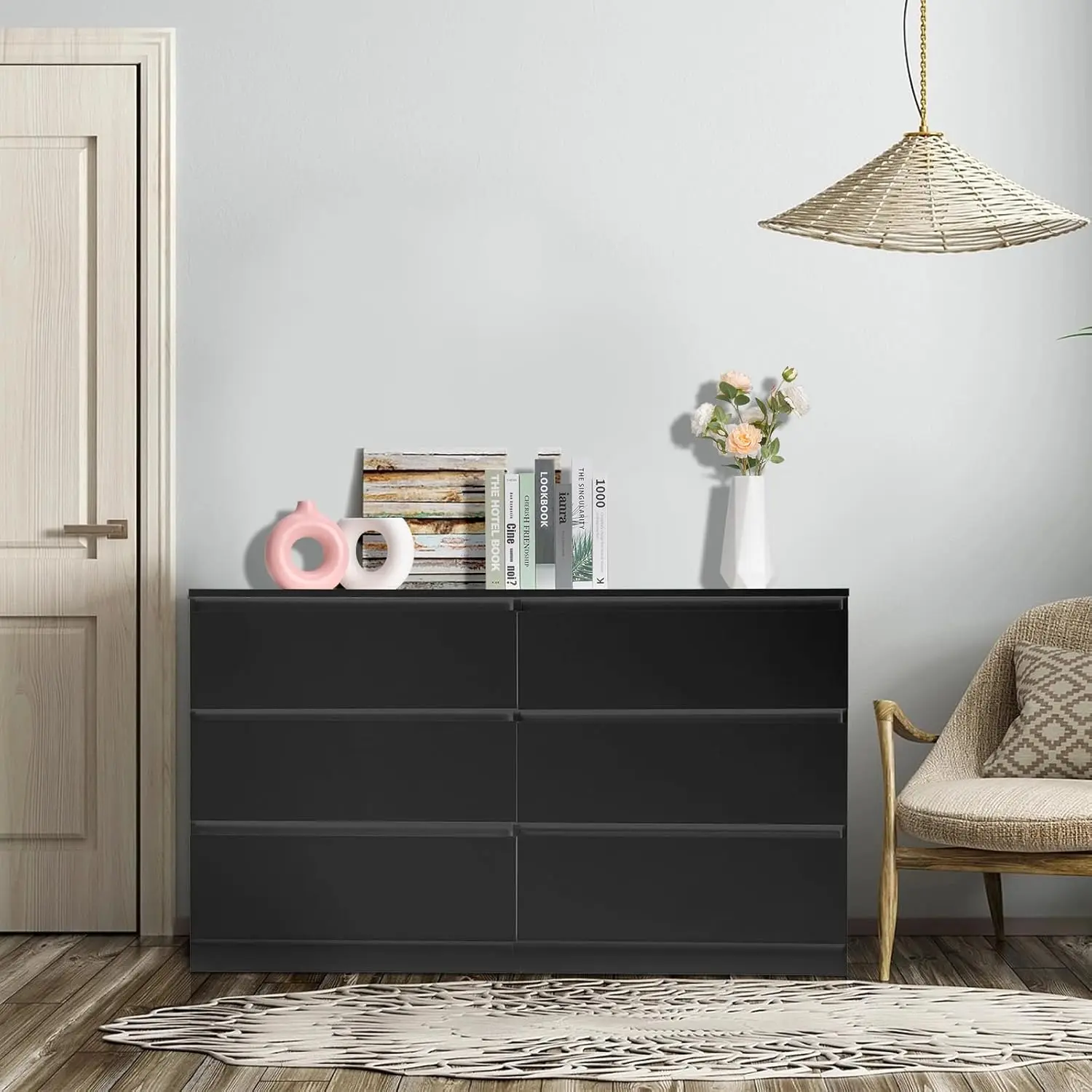 Commode à 4 tiroirs noire, commode moderne en bois, armoire de rangement sans poignée pour chambre à coucher, salon, bureau à domicile, entrée