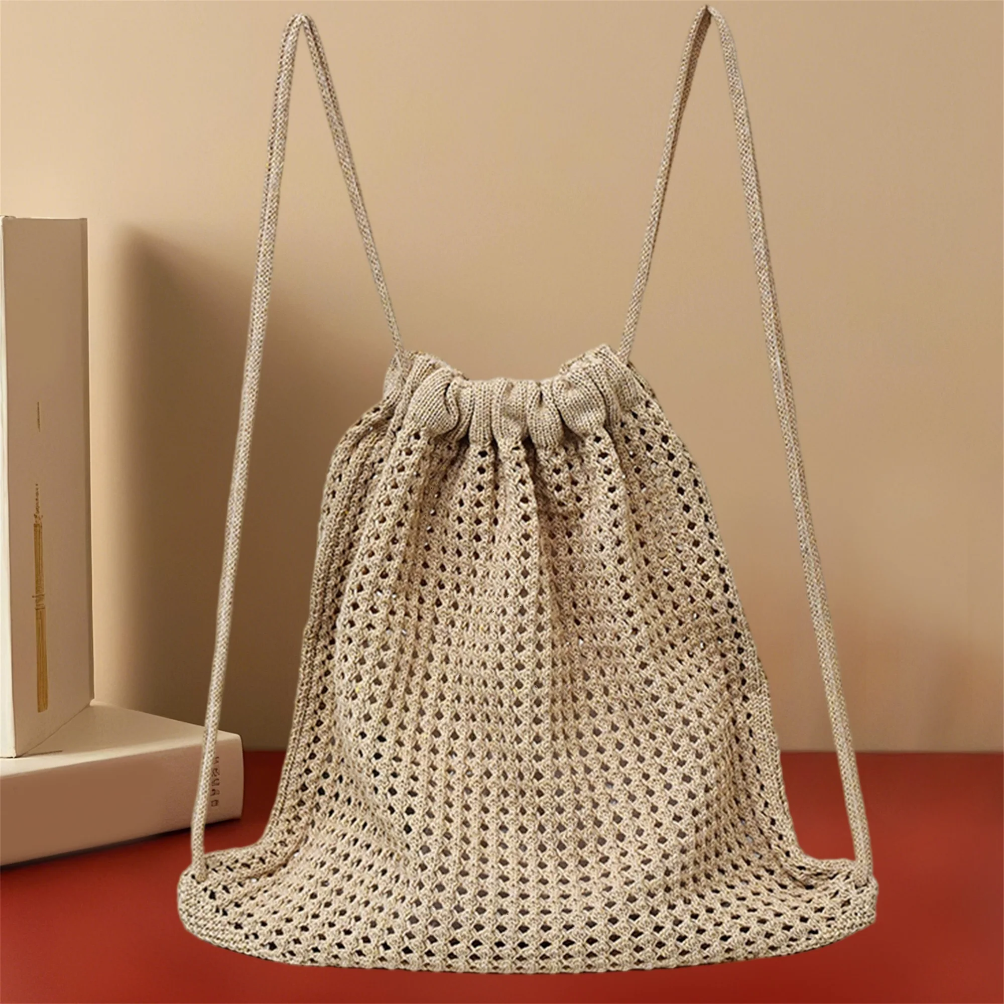 Mochila con cordón de playa de ganchillo hecha a mano con diseño hueco para deportes, senderismo y viajes: elegante bolso de cuerda para gimnasio
