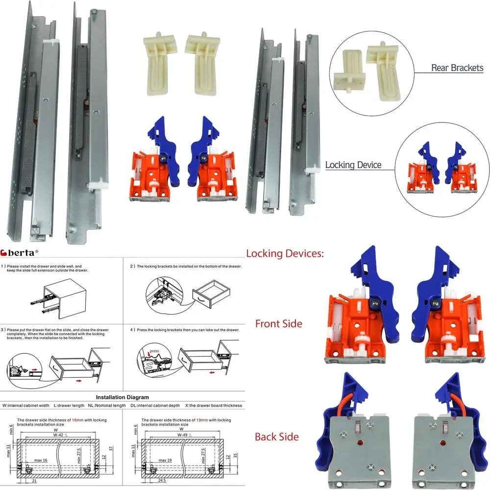 

18-дюймовые направляющие для ящиков с мягким закрыванием и грузоподъемностью 100 фунтов, под креплением, запирающими устройствами, пластиковыми задними кронштейнами для улучшенных условий эксплуатации