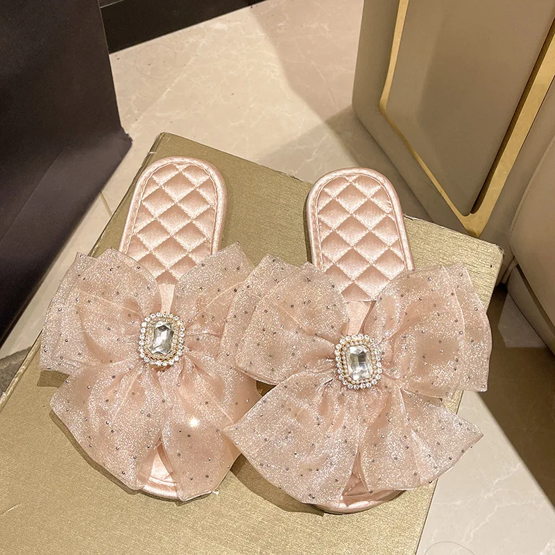 

New Silk Toe Exposed Slippers for Summer Home Soft Soled Sandals for Women Fashion Luxury Women's Shoes Non-slip Slippers