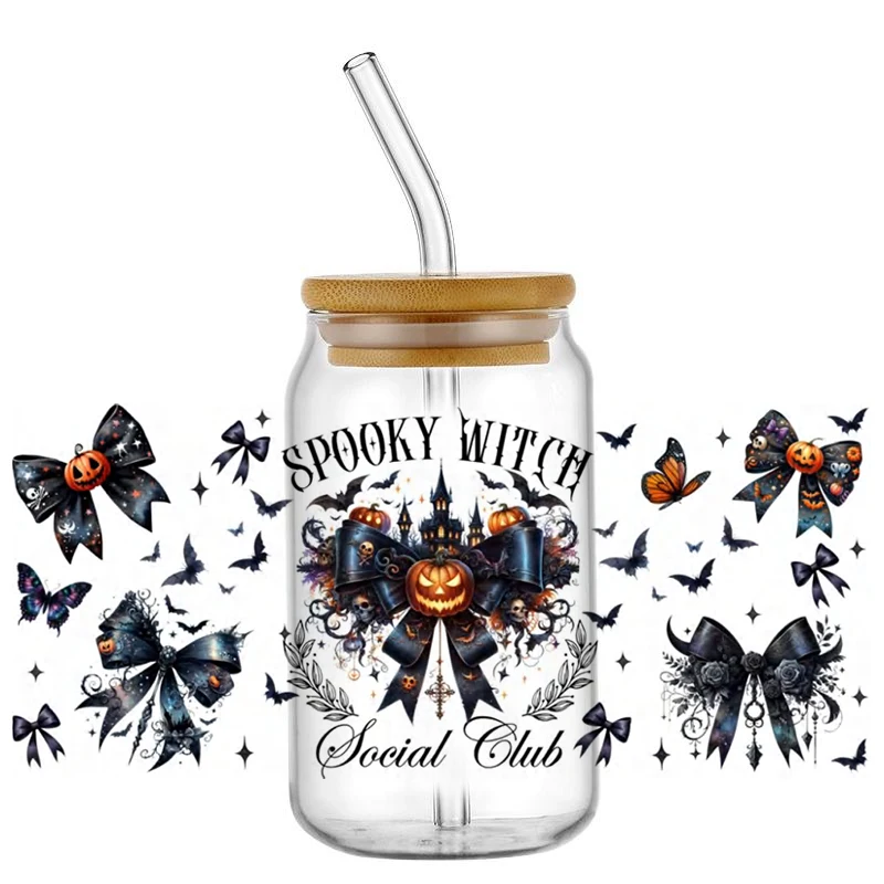 

Miniso Halloween Bow Series UV DTF Cup Wrap For 16oz Libbey Coffee Glass Cartoon Girl Spooky Witch 3D Sticker Cup Wrap