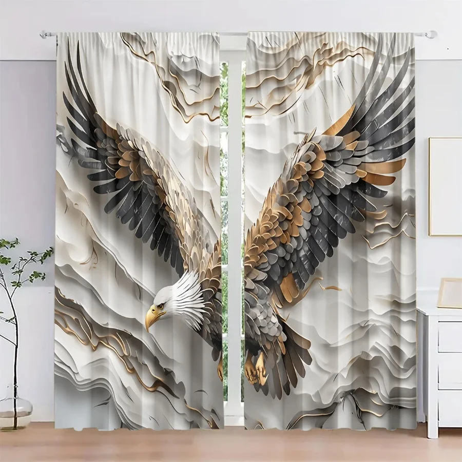 2PCS Digital Print Curtain, 3D Relief Bald Eagle Wings Pattern, Majestic Wildlife Style for Living Room Bedroom Home Decor