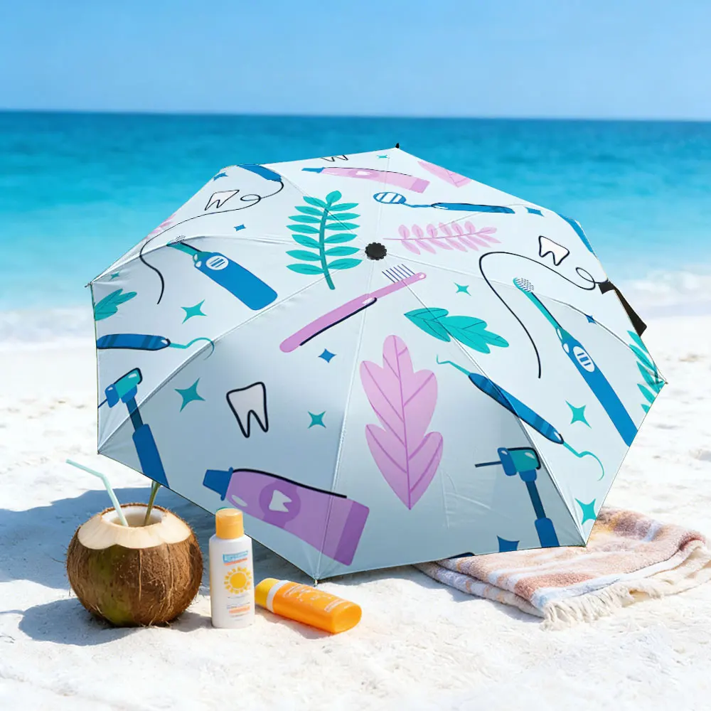 1PC Lake Picnic Decorated with Dental-Themed Umbrella Print 8 Iron Ribs Folding Umbrella Auto-Open Fashion Sunshade