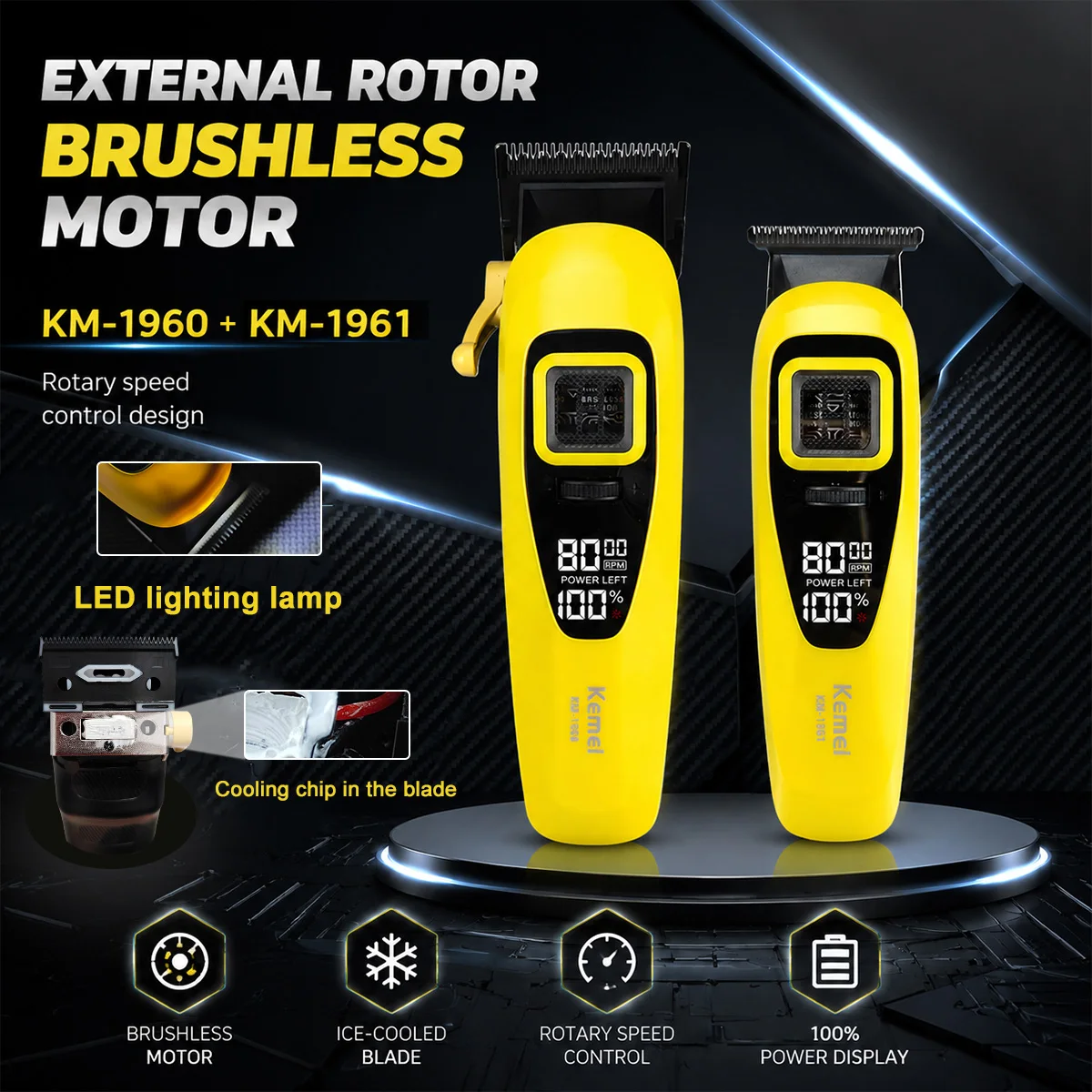 kemei-プロフェッショナルバリカンキット男性用-dlc-ブレード-8000rpm-外部ローターブラシレスモーター-led-ディスプレイマシン-km-1960-km-1961