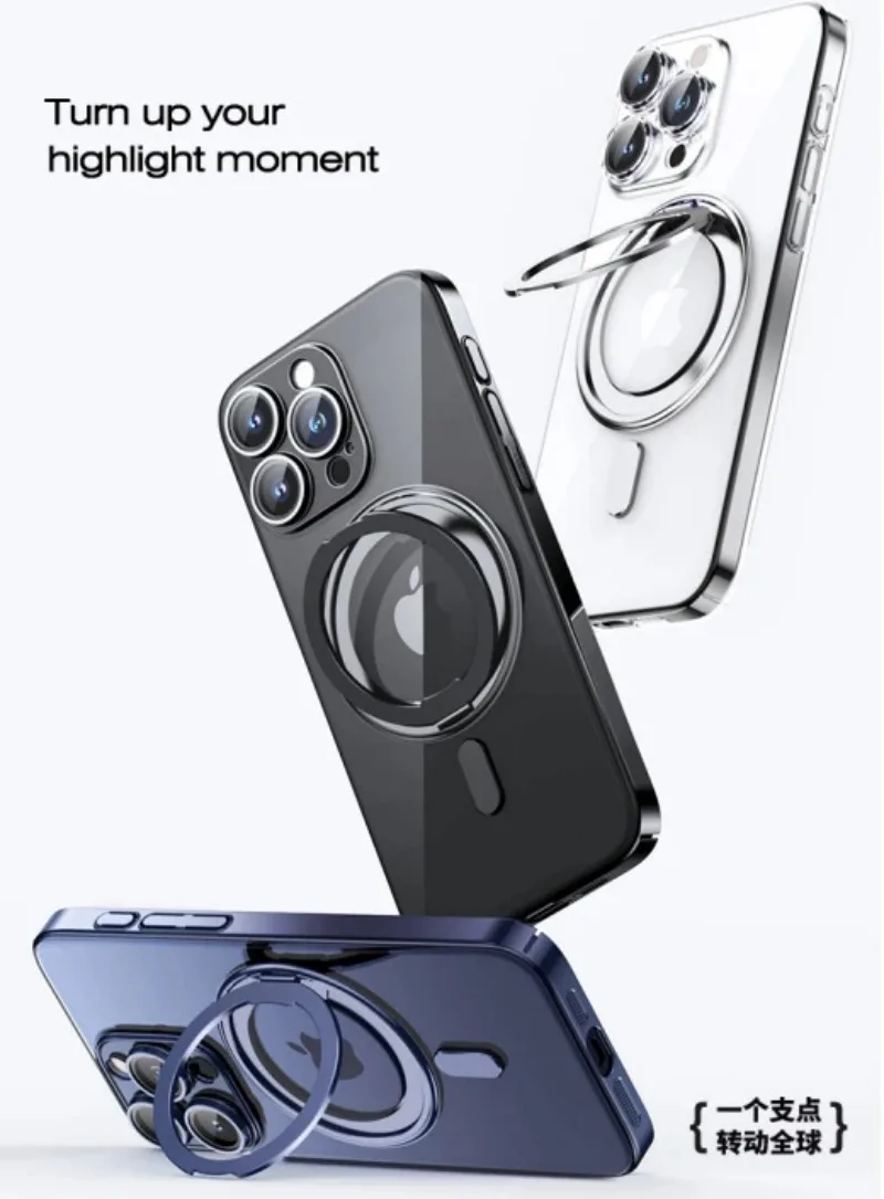 Extremely Transparent Rotating Stand Magnetic Phone Protective Case Suitable for The Entire Range of IPhone 15 and IPhone 14