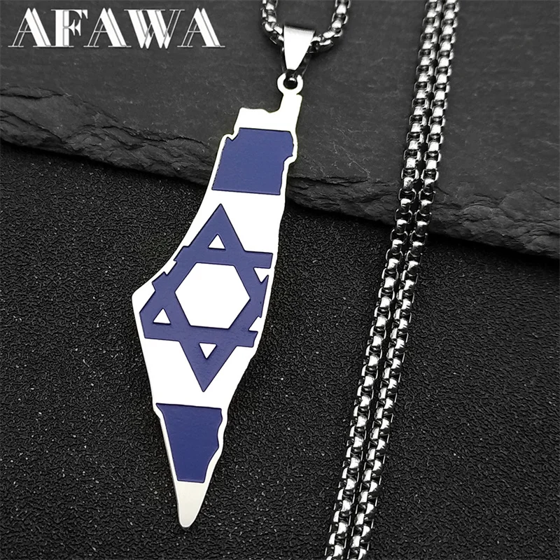 Blue Israel Map Pendant Necklace for Women Men Stainless Steel Silver Color Geography Country Jewish Star Of David Chain Jewelry