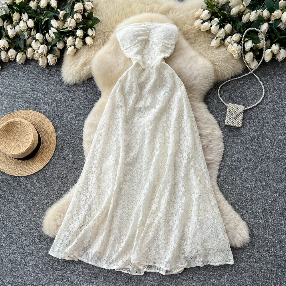 فستان أنيق عتيق من الدانتيل بدون ظهر مكشكش أنيق ملابس نسائية كورية خرافية