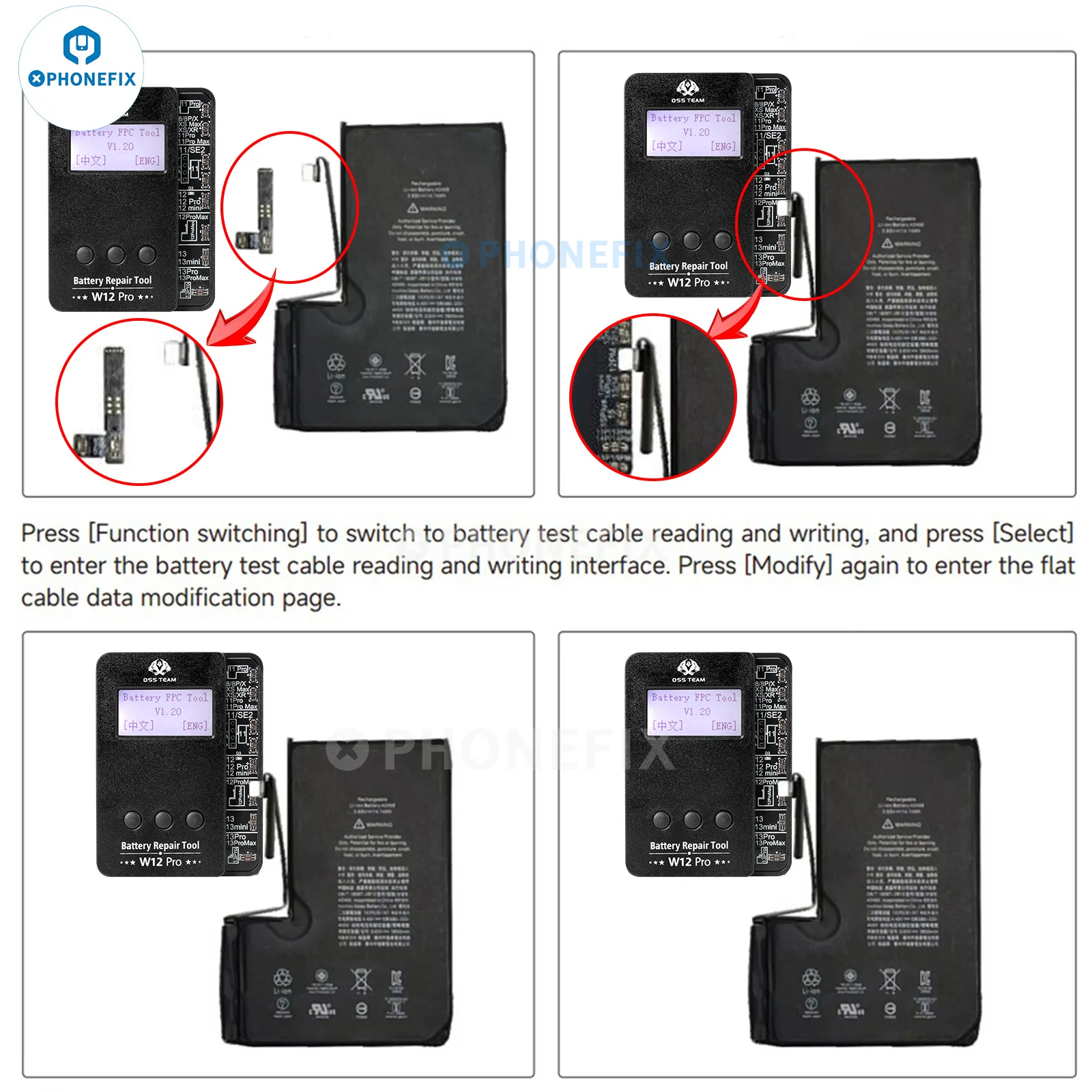 Programador de reparación de batería W12 Pro, caja W11 Pro para iPhone 11-15PM 0-100%, calibración de datos de salud de batería, reinicio de conteo