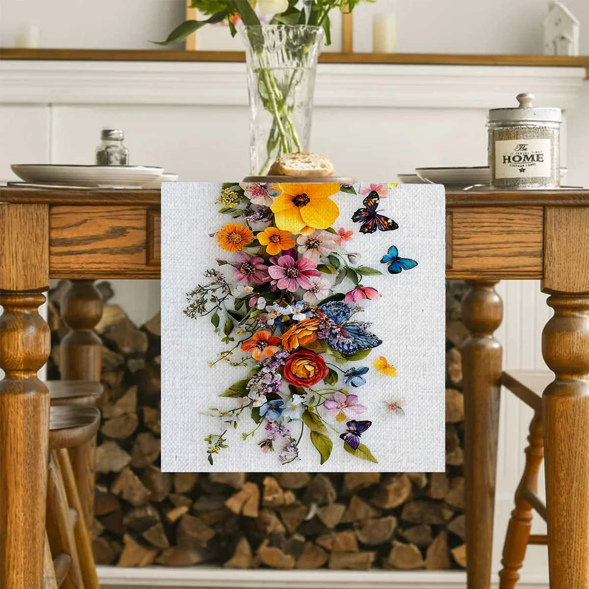 1 Piece of Pastoral Watercolor Floral Butterfly Table Runner, Light Background with Colorful Wildflowers and Butterfly Patterns, Suitable for Garden Parties, Pastoral B&Bs, Literary Tea Breaks, Wedding Arrangements, Handicraft Markets, Cafe Decorations, Home Soft Furnishings, and Girlfriends' Parties