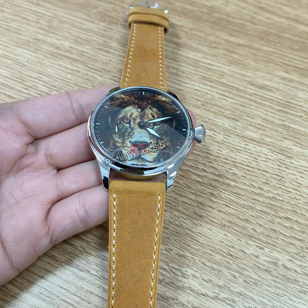 Parnis 44mm Handaufzug Herren klassische Tiger Löwe Zeichnung Zifferblatt Armbanduhr Anpassung akzeptabel