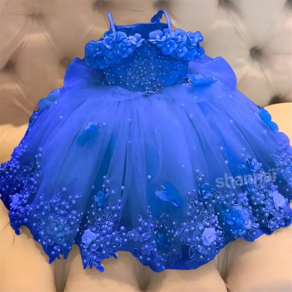 Vestidos para niñas pequeñas con hombros descubiertos, perlas, encaje, mariposas, vestido de niña de flores, vestido de fiesta de primer cumpleaños infantil