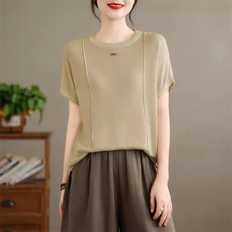 2024 Summer Knitted Sweater Top Ice Silk Breathable Thin Style Slimming Short Sleeve Women's Solid Color T-Shirt Pullover K993