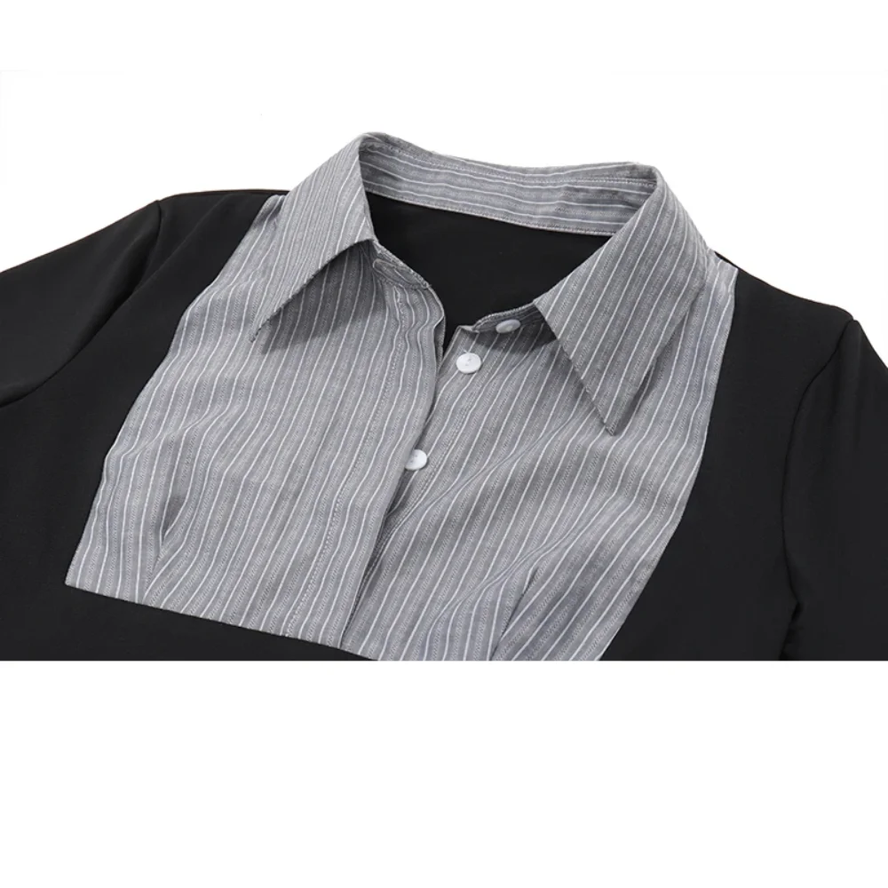 2025 가을 스트라이프 폴로 칼라 대비 크롭 탑 슬림핏 바디콘 니트 탑 - 클럽/스트리트웨어/데일리웨어를 위한 매운 소녀 의상