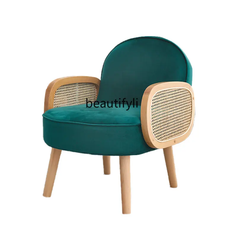 

Nordic Mid-Ancient Armchair Household Light Luxury Solid Wood Rattan Chair Small Apartment Balcony Leisure Lazy Sofa furniture