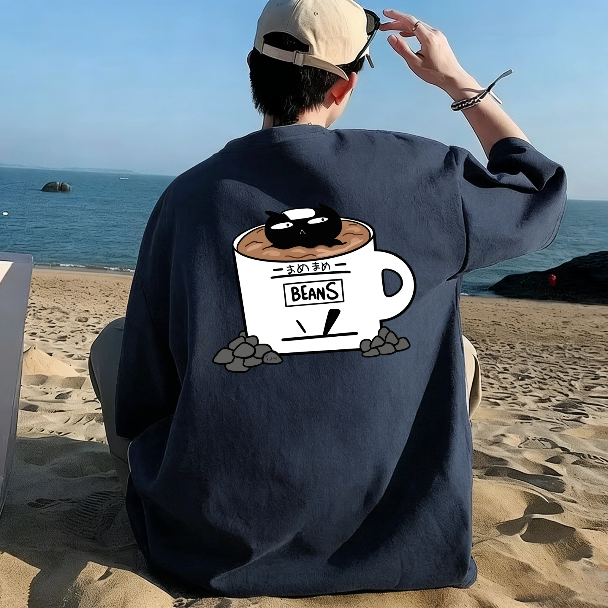 Cat In Coffee Beans Cup Print Men Daily All-Match T-Shirts Summer Sports Top Fashion Street Clothing Cotton Casual Short Sleeve