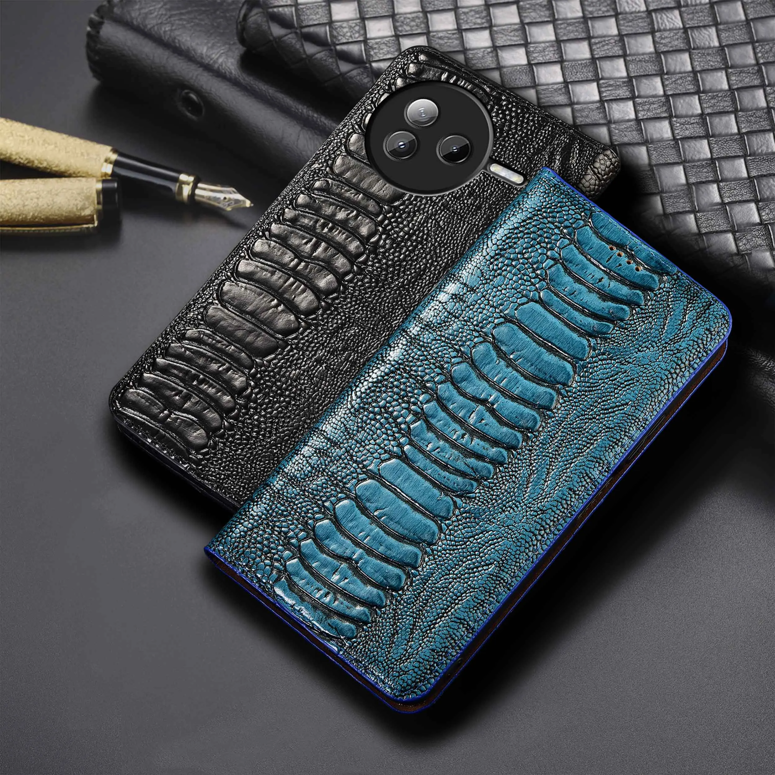 

For Redmi K20 K30 K30S K40 K40S K50 K60 K60E K70 K70E K80 Pro Ultra 5G Ostrich Feet Of Genuine Leather Flip Phone Case Cowhide