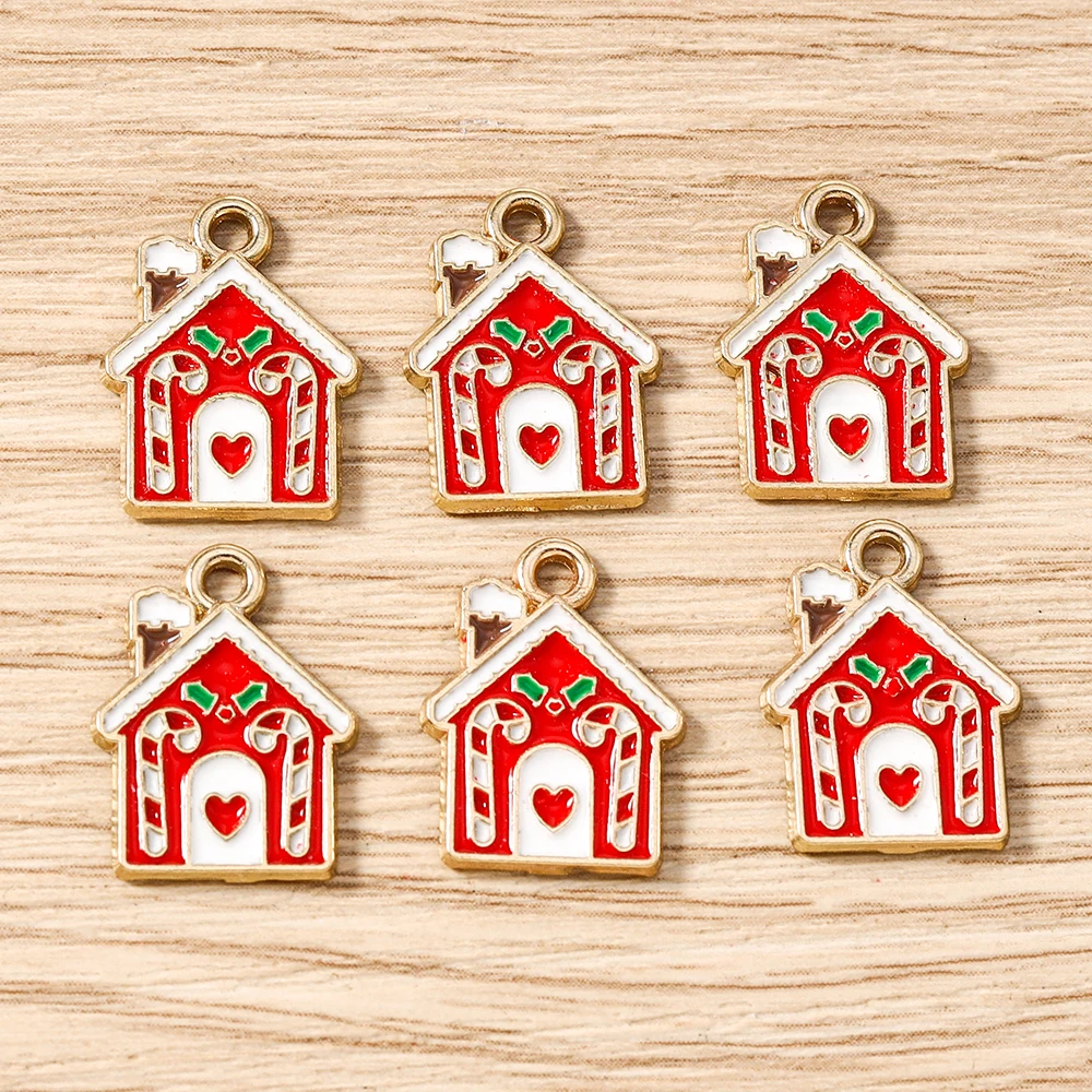 Tusember 10pcs Enamel Christmas Gingerbread House Charms for Christmas Necklaces Earrings Bracelets Pendant Craft