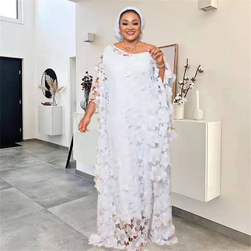 Lace Hollow Africa Dress for Abaya Muslim Women African Clothing 2024 Dashiki Taditional Boubou Arabic Robe Moroccan Dubai Femme