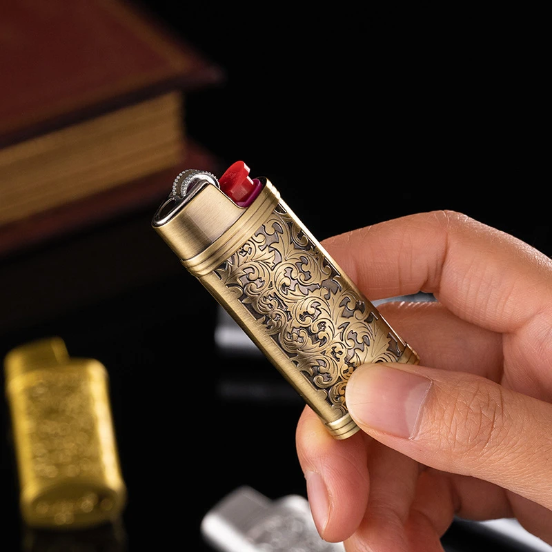 Vintage Arabesque Bic J5 Lighter Case Metal Armor 60mm BIC Lighters Cover Metal Case Plastic Lighter Protection Case