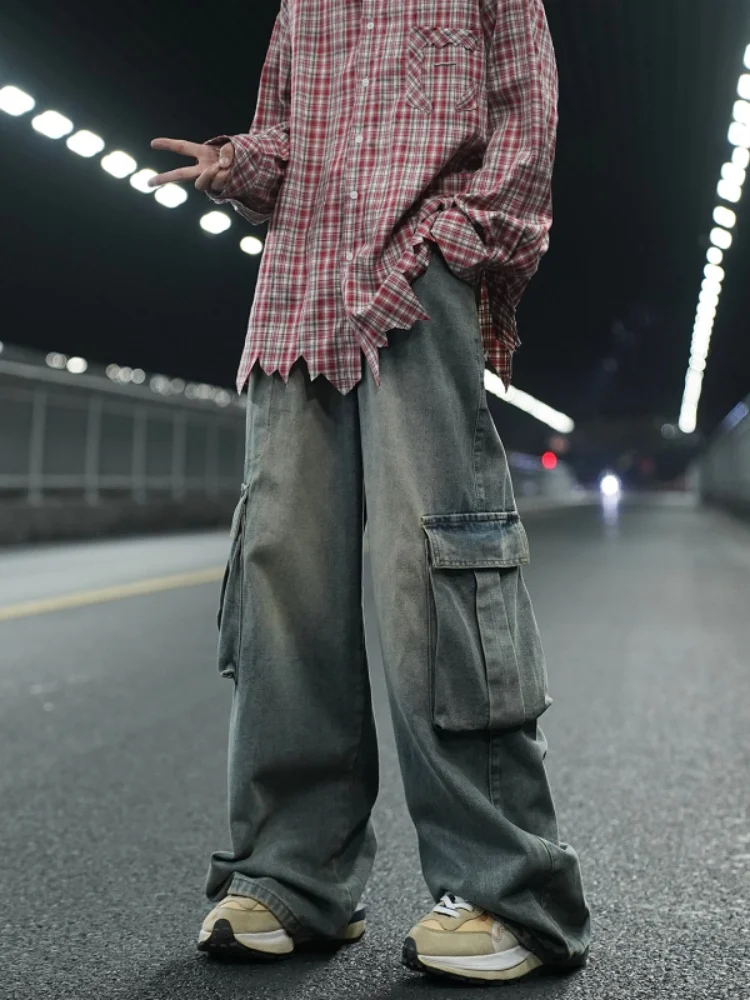 

Retro American Workwear Men's Jeans Loose Wide Leg Straight Cut Waed Denim Youth Trendy Wear Resistant Spring Autumn