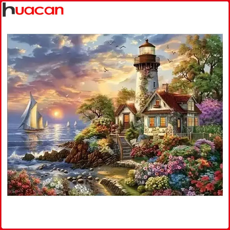 

Huacan Seaside Landscape Kits Diamond Painting Garden House Drawing On Canvas Hand Painted Art Gift Home Decor
