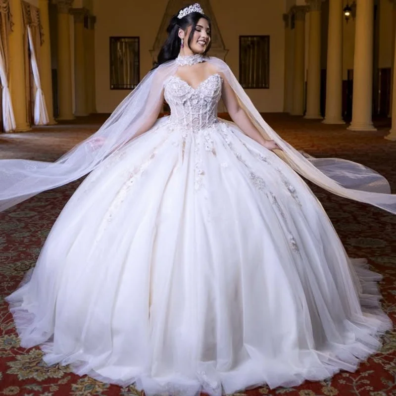 Branco quinceanera vestido lantejoulas decalque cauda longa fora do ombro 3d flor camadas arco vestidos de 15 quinceanera ﻿ Personalizar