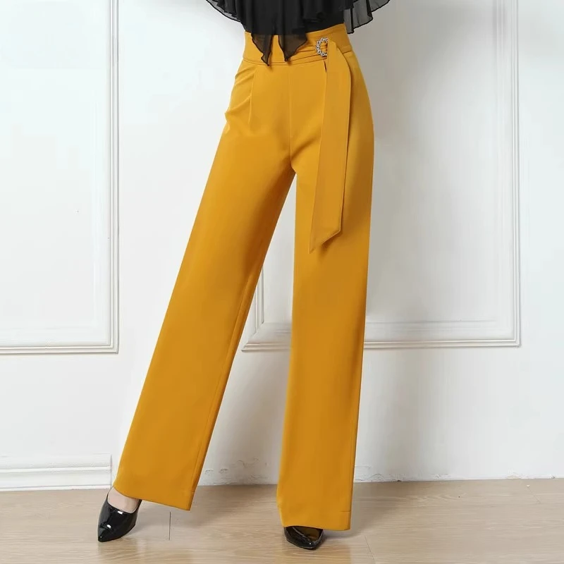 

customized Modern dance pants high waisted straight leg standard adult pants with ribbon Latin ballroom dance dress for women