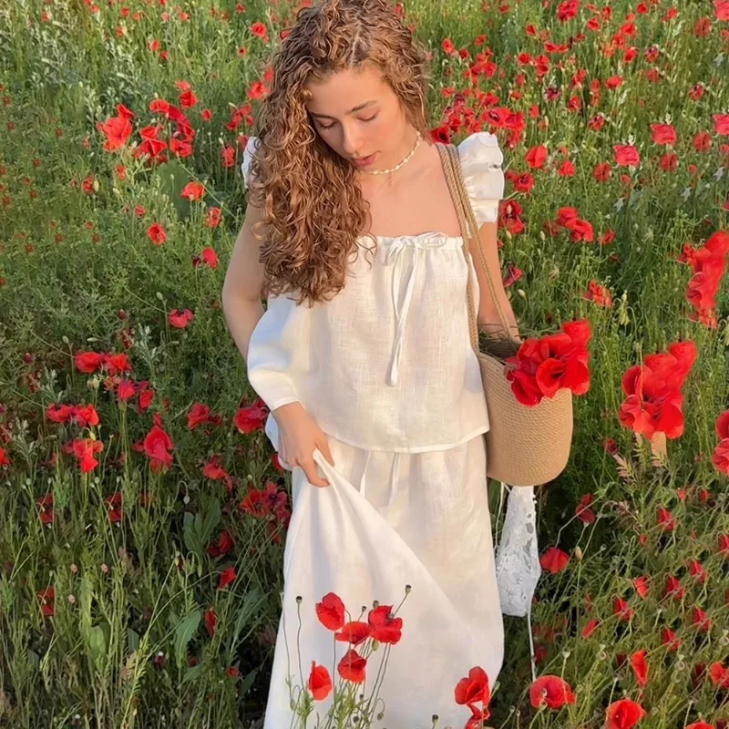 

Tuularose White Skirt 2 Piece Summer Ruffled Casual Top High Waisted Loose Maxi Skirt Set Elegant Vacation Party Women Dress Set