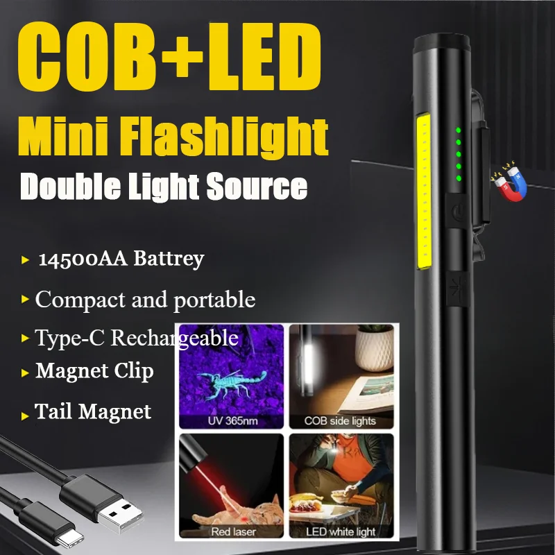 LED COB Mini Flashlight Multifunctional 4 Lighting Modes Lamp Type-C Rechargeable 14500 Battery Strong Magnetic Clamp Work Light